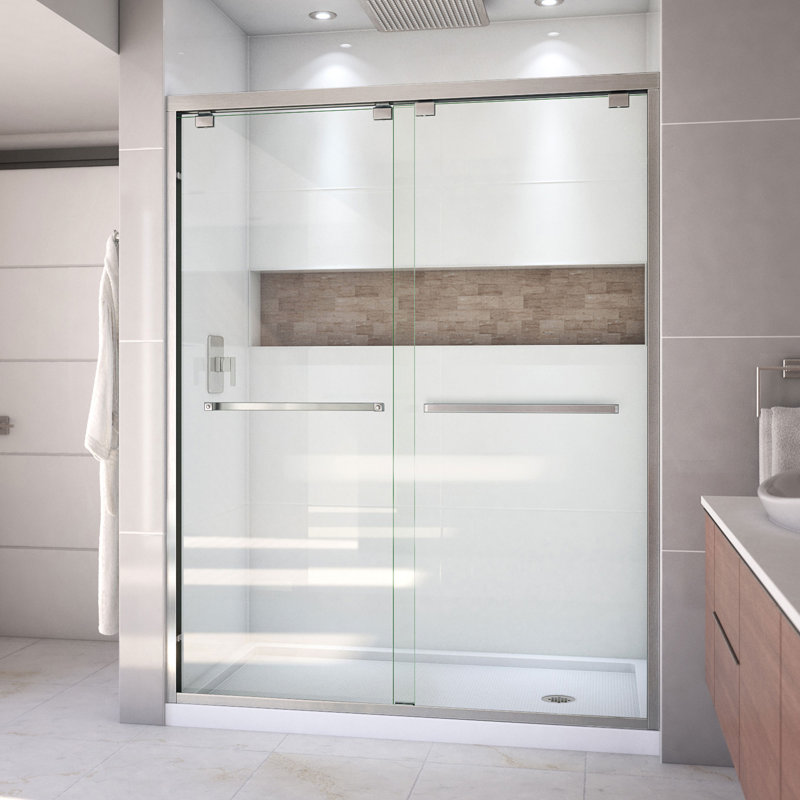 Encore 78.75" H Semi-frameless Sliding Shower Enclosure, Brushed Nickel/White, Right