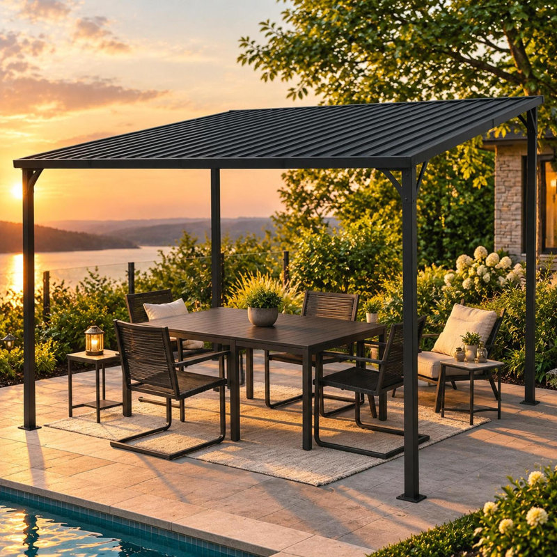 Pergola de toit rigide murale 12 pi x 10 pi avec toit en acier galvanisé