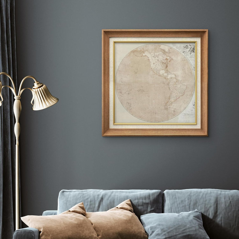 World Map " Brown Circles ", Natural Framed