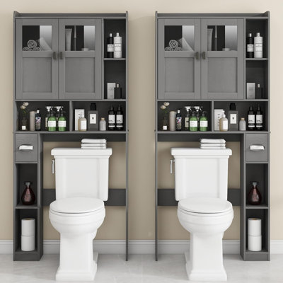 Support de rangement autoportant pour salle de bain - Organisateur de salle de bain avec tablettes réglables, portes en verre et casiers pour la salle de bain, la salle de lavage et les toilettes