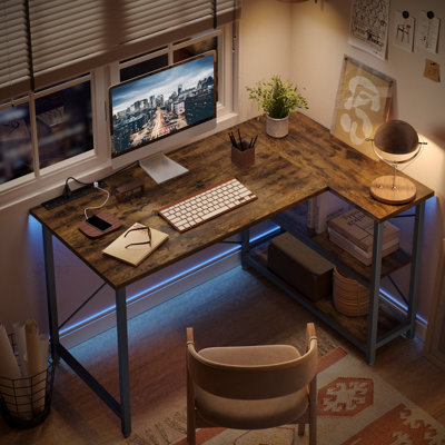 Aaleia Modular L-Shaped Stainless Steel Computer Desk with Built-In Electrical Outlet