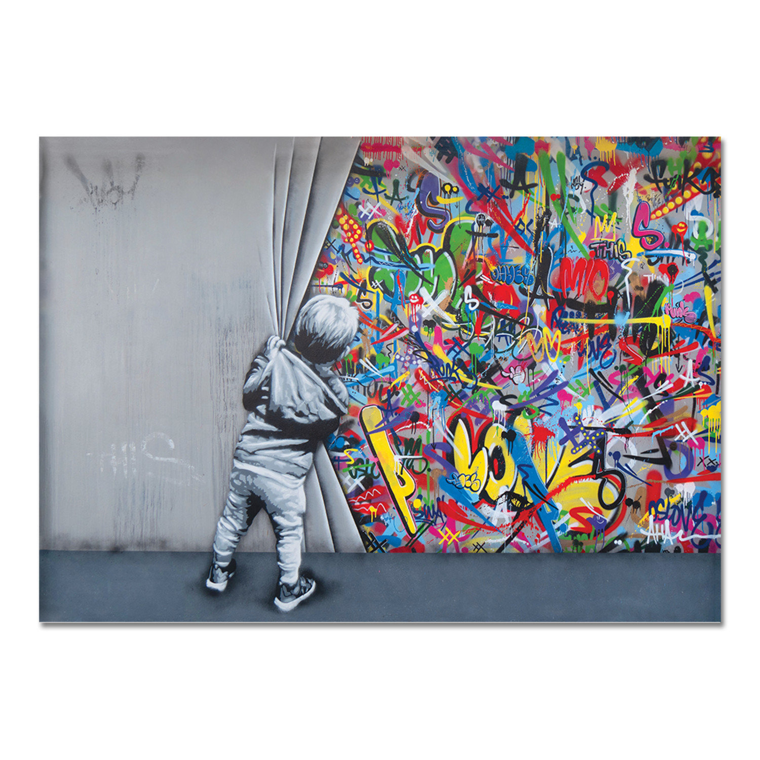 Happy Larry - Quadro - Banksy - Bambino Apre Il Sipario - Tela Canvas -  70X50 - Pronto Da Appendere - Quadri Moderni Per La Casa