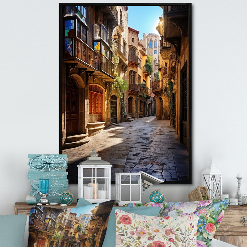 Espagne, quartier gothique de Barcelone, art mural sur toile Cityscapes, H 32 po x l 24 po x P 1 po, Cadre flottant noir