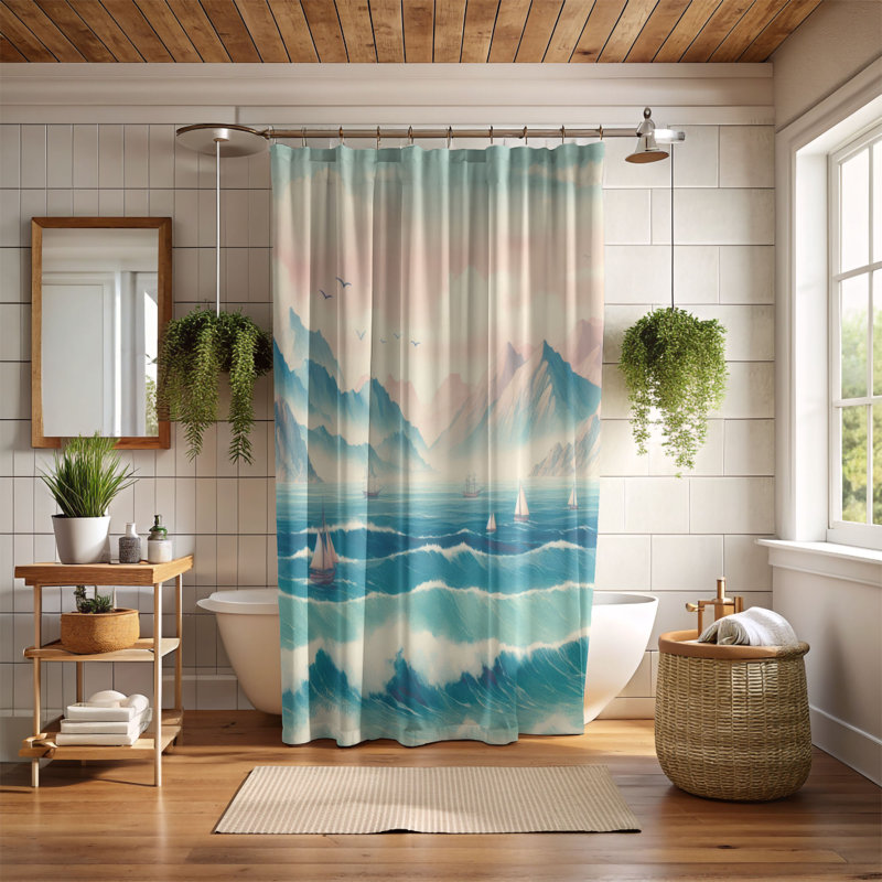 Rideau de douche standard 1 pièce Coastal Wave Scene, H 74 po x l 71 po