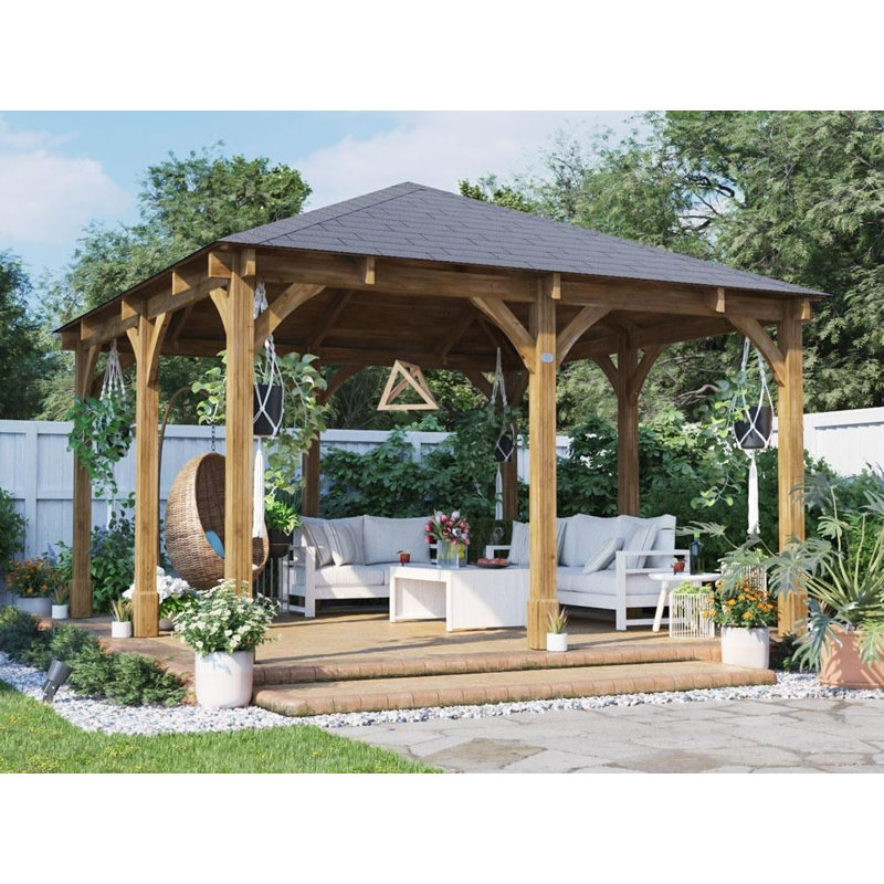 Dunster House Wooden Gazebo Leviathan 4m x 4m Permanent Heavy Duty Patio Shelter With Roof Shingles