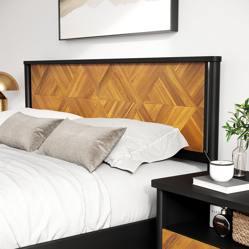 Cartlin Mid Century Modern Acacia Wood Platform Bed Frame with Artistic Chevron Headboard & Mystic Black Finish, 800lbs Heavy Duty, No Box Spring Needed