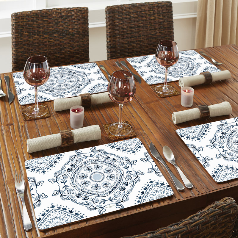Medallion Premium Decorative Hardboard Placemat 4 Pack, White/Light Grey Geometric