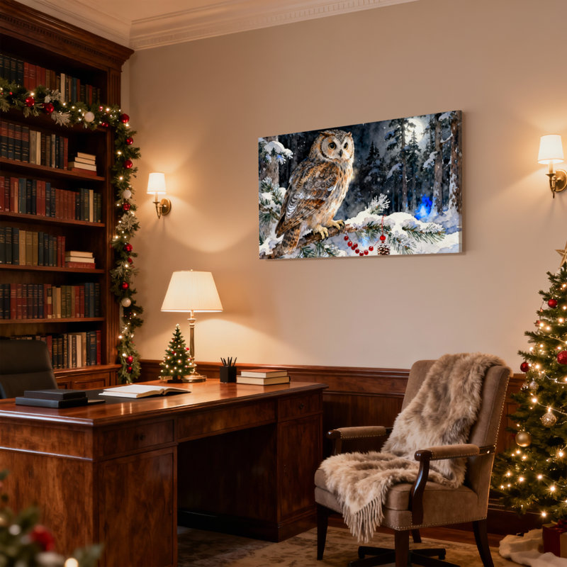 Hibou de Noël perché sur une branche enneigée avec baies et pomme de pin, ensemble de 3 impressions sur toile