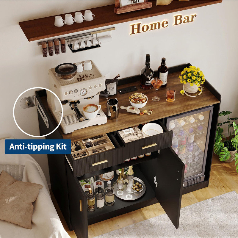 Coffee Bar Storage Cabinet with Fridge Space, Fluted Doors, Drawers & Power Strip, Home Bar Unit for Living Room, Kitchen