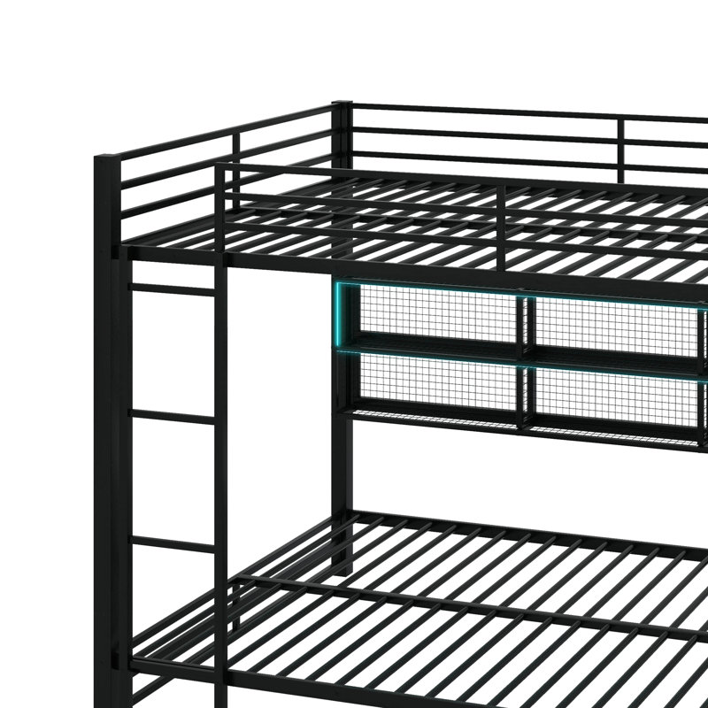 Metal Queen Over Queen Bunk Bed With Storage Cabinets And LED