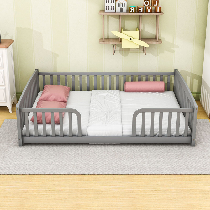 Modern Wood Floor Bed with Guardrails, Grey, Full
