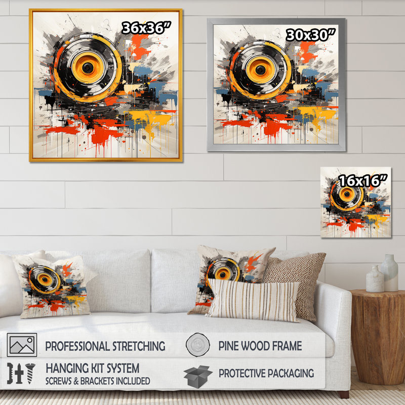 «Vintage Vinyle Music Serenade I» - Art mural disques vinyle, Cadre doré simple, H 36 po x l 36 po x P 1,5 po