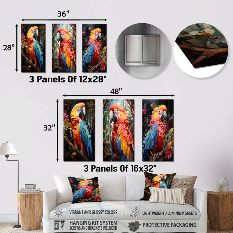 Ensemble de 3 décorations murales en métal Parrot, H 28 po x l 36 po