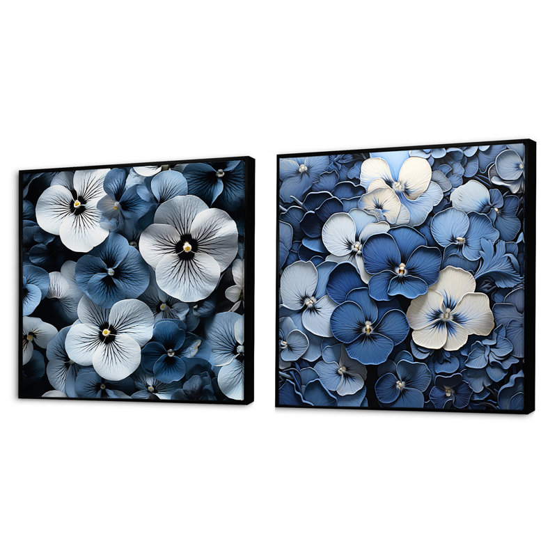 Pensées bleues et grises dans l'ombre - Ensemble de 2 collages carrés, Cadre flottant noir, H 16 po x l 33 po