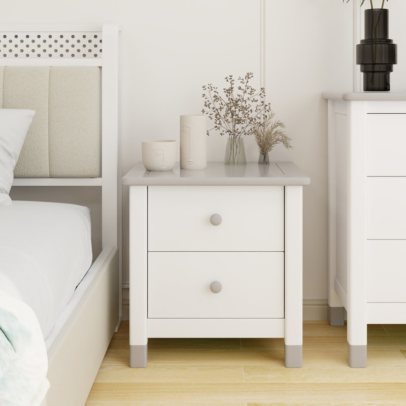Table de chevet 2 tiroirs Abbegail, Blanc / gris