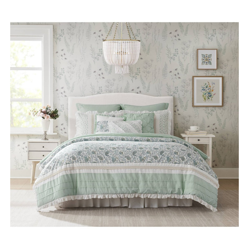 Ensemble d'édredon 9 pièces - Ensemble de literie pour grand lit turquoise avec édredon, jupe de lit, taies décoratives et coussins décoratifs | Style maison de campagne