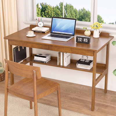 Solid Wood Writing Desk With Drawers, 47" Mid Century Modern Desk, Vintage Home Office Computer Desks And Storage Shelf, Wooden Study Table For Bedroom Small Spaces, Study Makeup Workstation, Walnut
