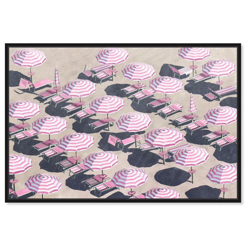 Toile rose parapluie rose, art mural Glam Beach par Art Remedy, H 37 po x l 55 po, Cadre noir