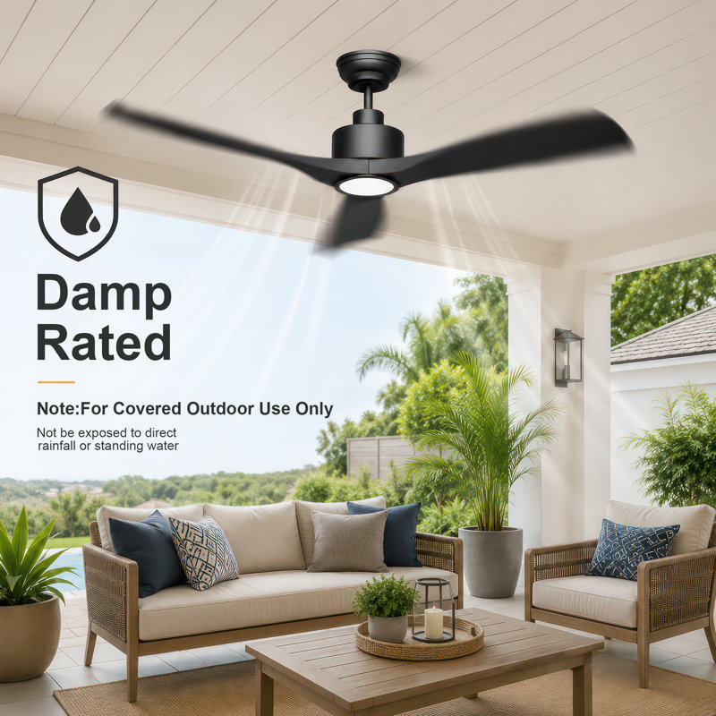 52" Outdoor Ceiling Fan with Light for Patio Garage Porch Indoor, Weather-Proof Blades & High-Airflow, Quiet DC Motor 3CCT Dimmable LED Black Ceiling Fan Remote