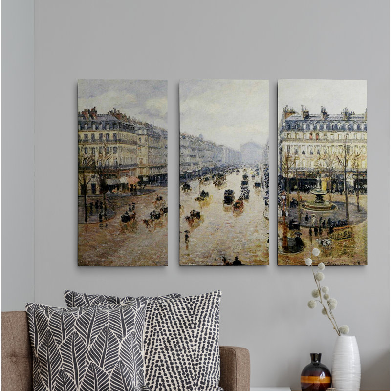 Avenue De Opera Rain by Camille Pissarro - 3 Piece Wrapped Canvas Painting, 24" H x 36" W x 1.5" D
