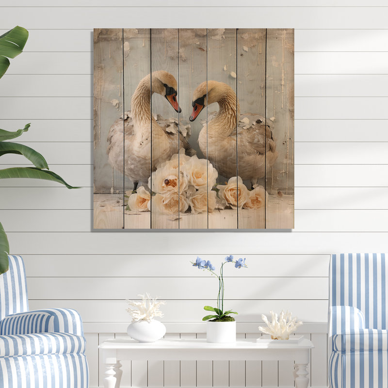 Beauté de cygne en fleurs blanches - imprimé cygnes sur bois, H 15 po x l 15 po