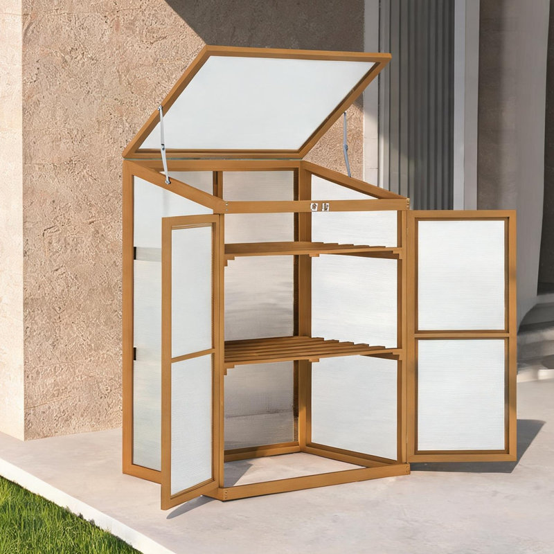 Serre en feuilles de sapin brun et de polycarbonate avec détails en bois massif et tablettes, 11,8 po x 9,2 po x 17,2 po
