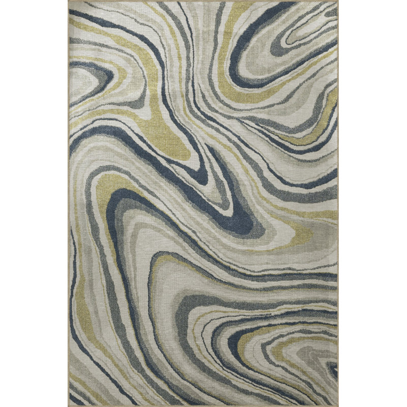 Tapis décoratif moderne à motif abstrait bleu et jaune, Rectangle 4 pi 8 po x 6 pi 7 po