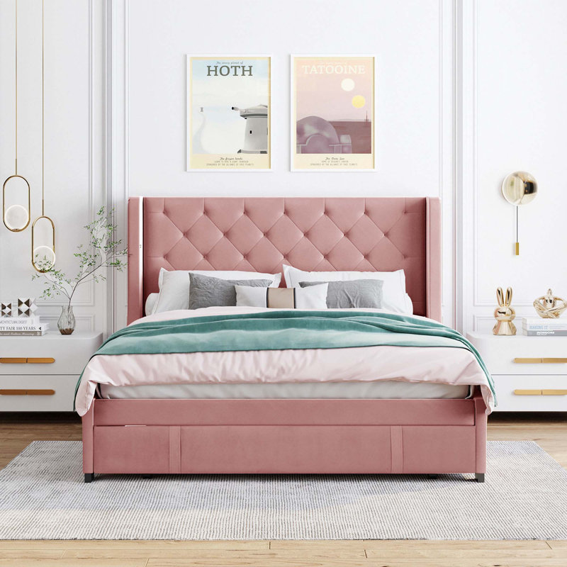 Grand lit plateforme en velours avec un grand tiroir, Rose