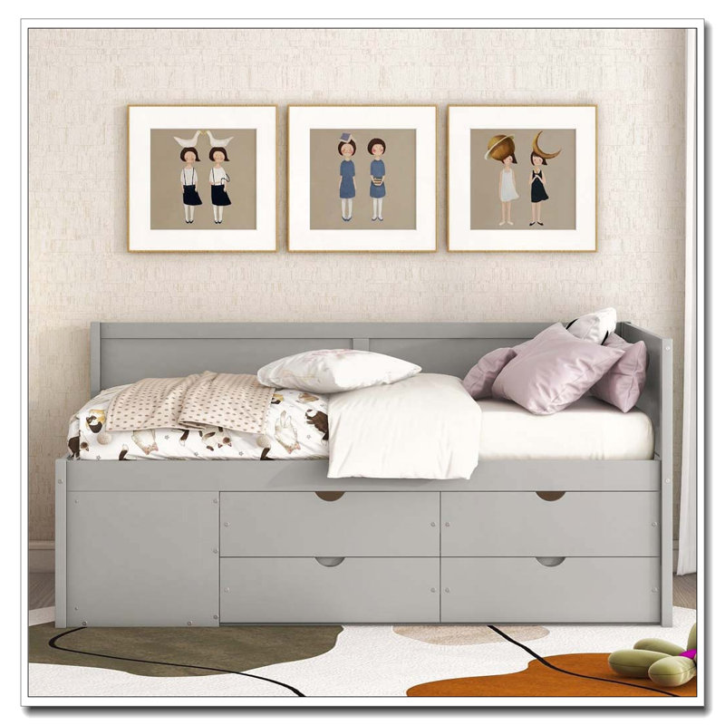 Lit de jour simple avec tiroirs et tablettes, gris