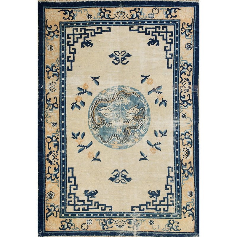 Antique Geometric Medallion Wool Hand Knotted Pile Ivory Beige Cream White 1880s Rug