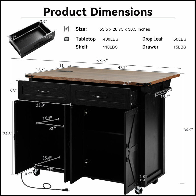 Charming Farmhouse Kitchen Island with Versatile Storage and Power Options, Perfect for Rustic and Organized Cooking Spaces.