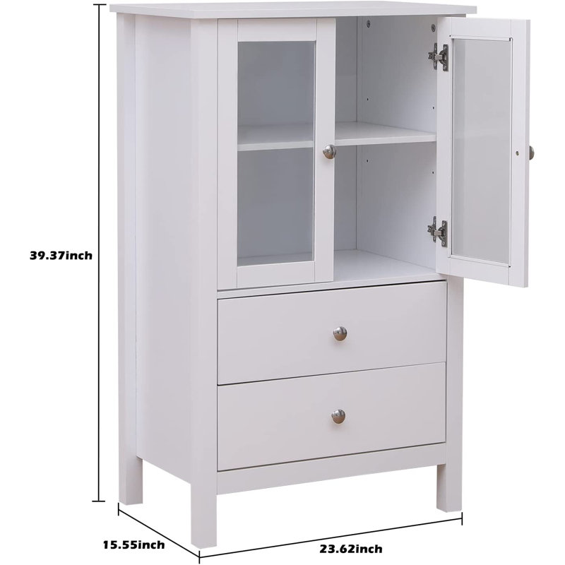 Armoire de rangement, 2 tiroirs, portes en verre transparent, buffet en bois blanc avec tablettes pour les meubles de salle à manger de cuisine