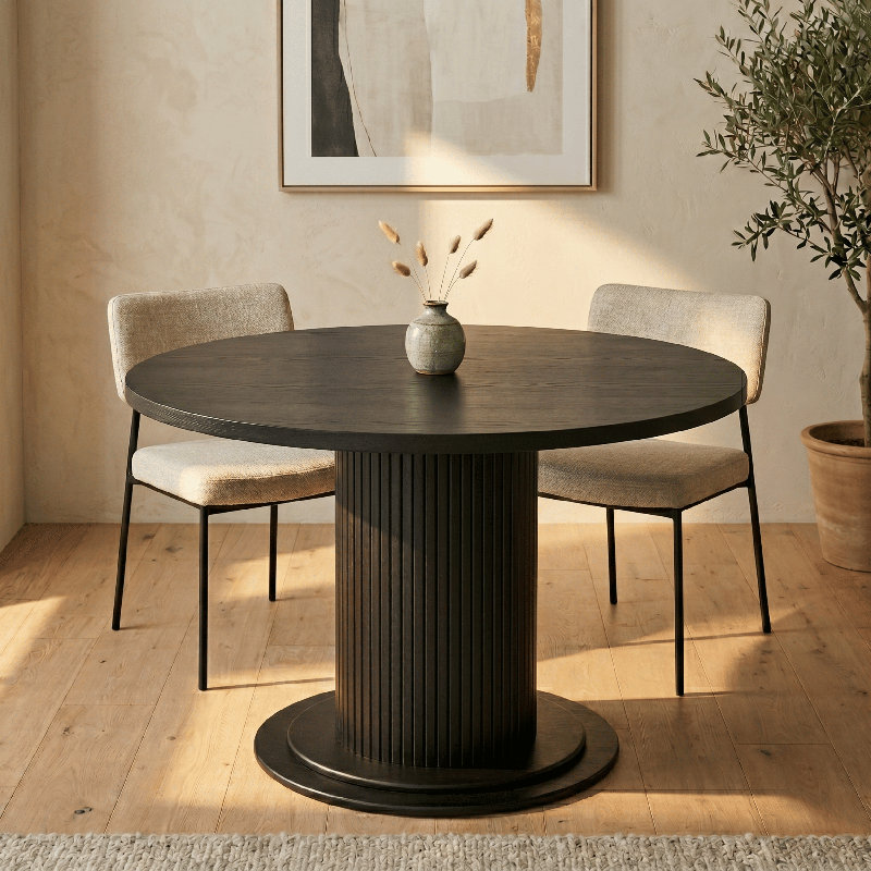 NTC Summit 47 Inch Round Dining Table, Seats 4 to 6, Solid Oak Ribbed Pedestal Base, Modern Water & Heat Resistant Top for Dining Room & Kitchen, Easy Assembly, Burnt Black