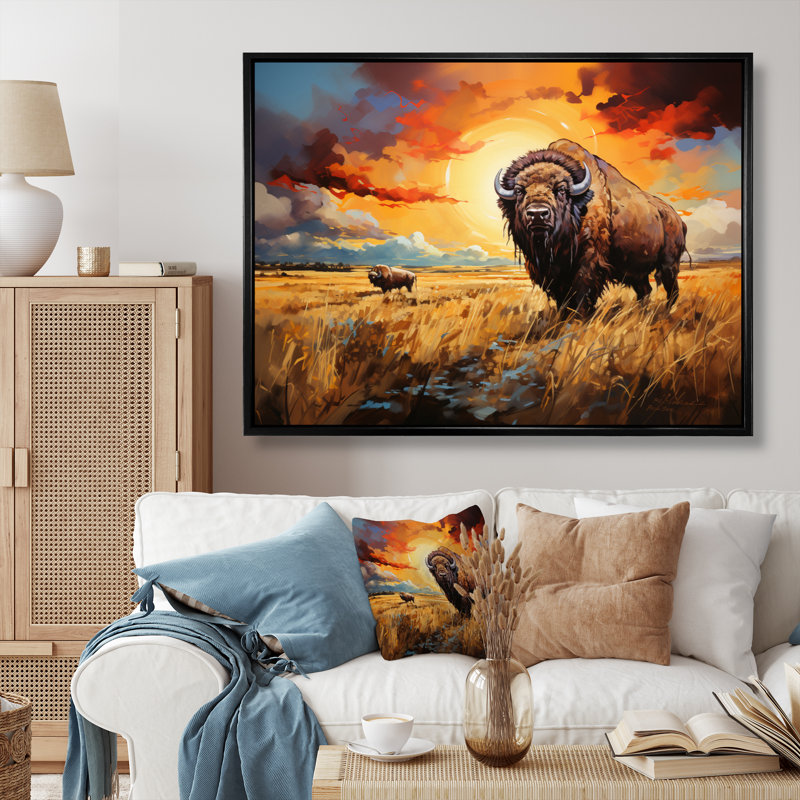 "Native American Art Bison Prairies II", reproduction d'art sur toile, Cadre flottant noir, H 24 po x l 32 po x P 1 po