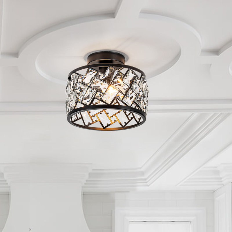 Lustre 1 lumière semi-encastré avec abat-jour rectangulaire en verre entrelacé