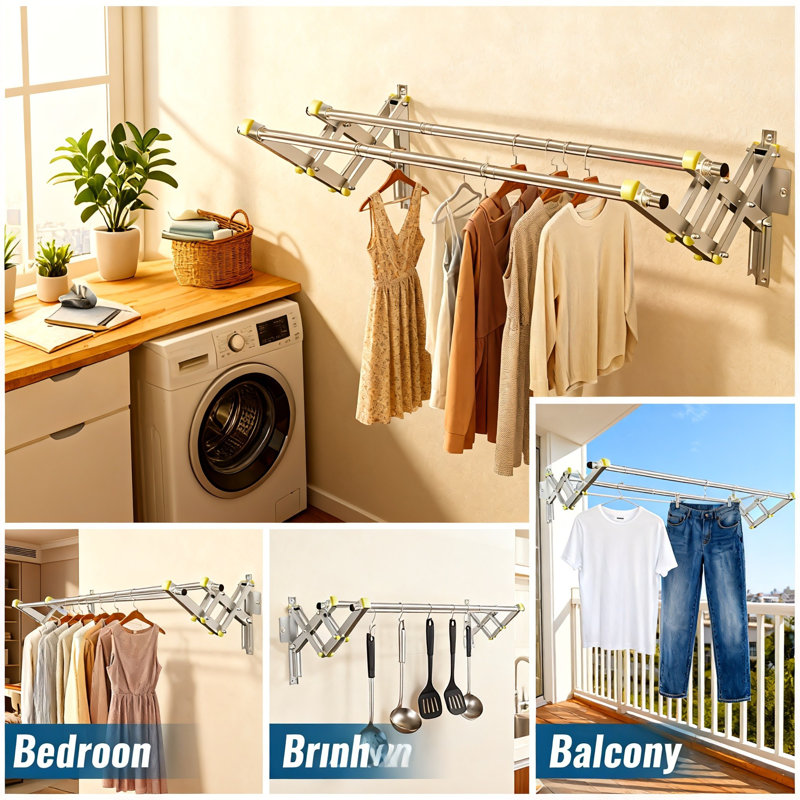 Foldable Wall-Mounted Clothes Rack, 2 Rows (Silver)