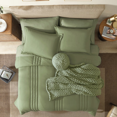 Full Size Comforter Set-7 Pieces Soft Bed in a Bag Full Bedding Sets Monbix All-Season Vertical Quilted Comforter with Sheets, Pillow Shams & Pillowcases, Light Sage Green