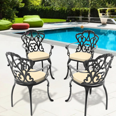 4 Cast Aluminum Garden Dining Armchairs With Black Frame, All - Weather Cushions Filled Open Cell Foam, Coating, Stackable Design Cushions, And Corrosion Storage