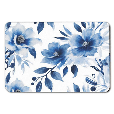 Blue Ink Wash Floral Print Bath Mat, 36 X 24