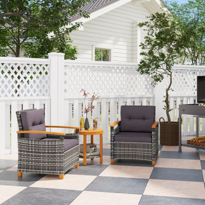 3-Piece Wicker Patio Bistro Set, 31.1" H Chairs with Cushions, 18.9" H Round Table, Gray