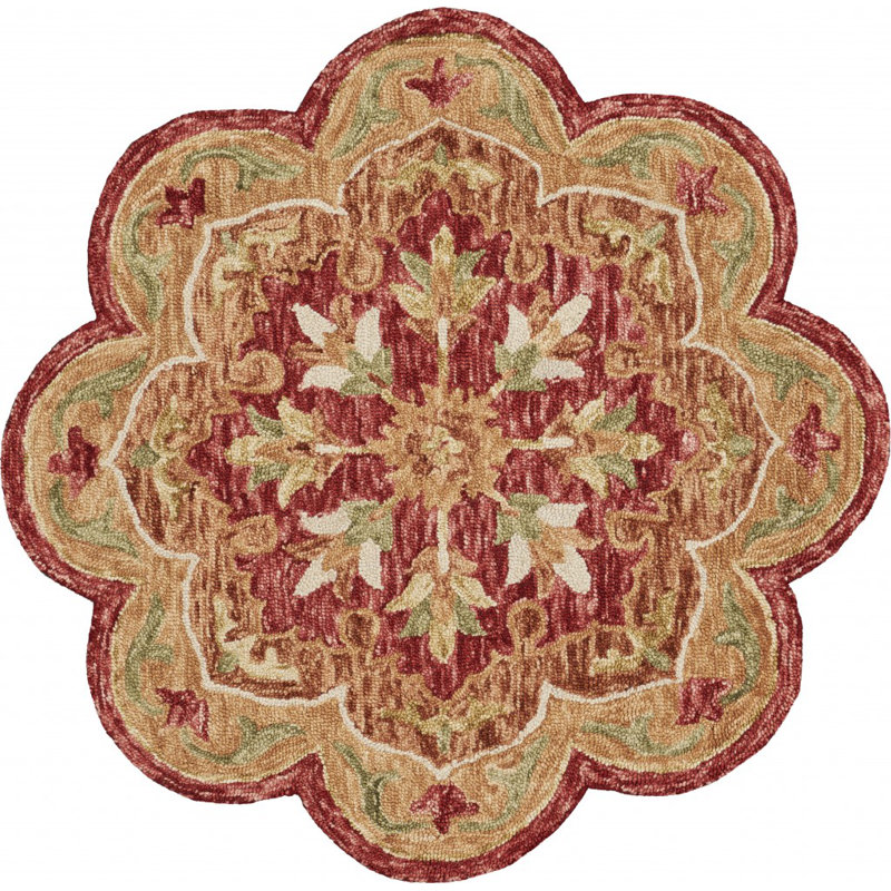 Tapis rond rouge / beige en laine noué à la main Padula, Rond 6 pi