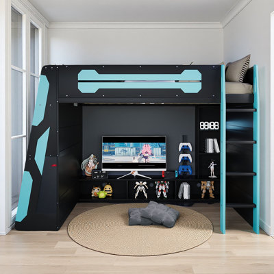 Full Size Wood Loft Bed With Desk, Multi-Storage Shelves And RGB Light