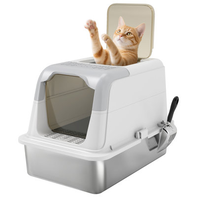 Stainless Steel Litter Box Enclosed Metal Litter Tray with Scoop