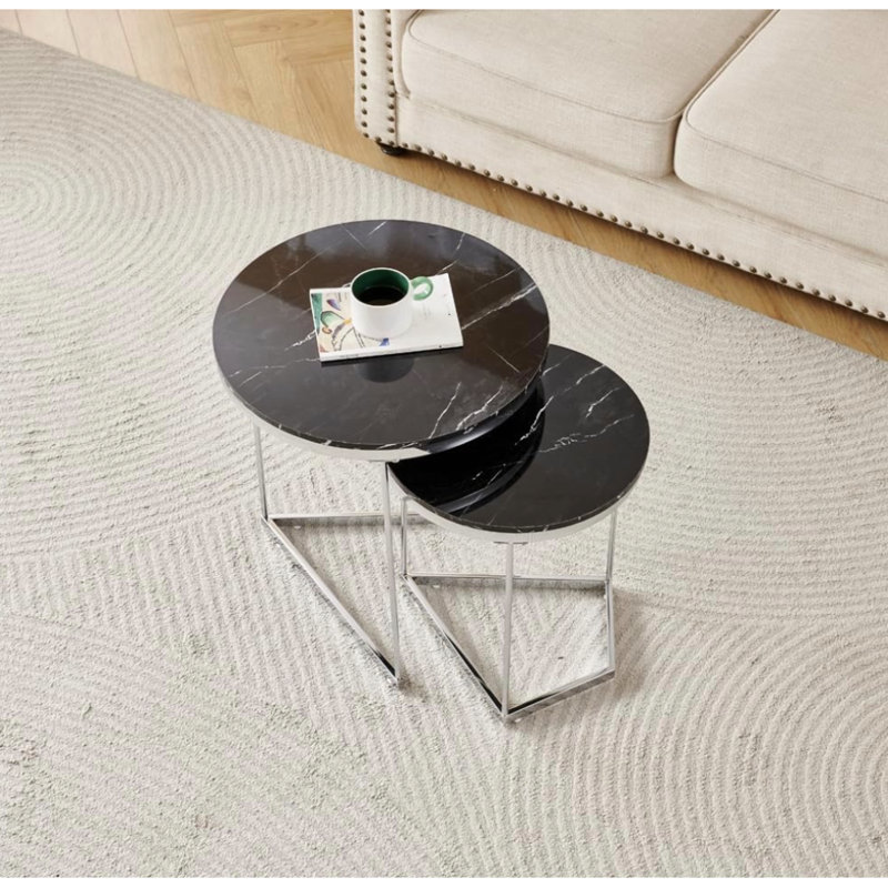 Coffee Table, Round Black Marble Set of 2
