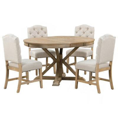 Ensemble de table de salle à manger fonctionnelle avec table extensible et 4 chaises rembourrées pour salle à manger et salon (bois naturel délavé)