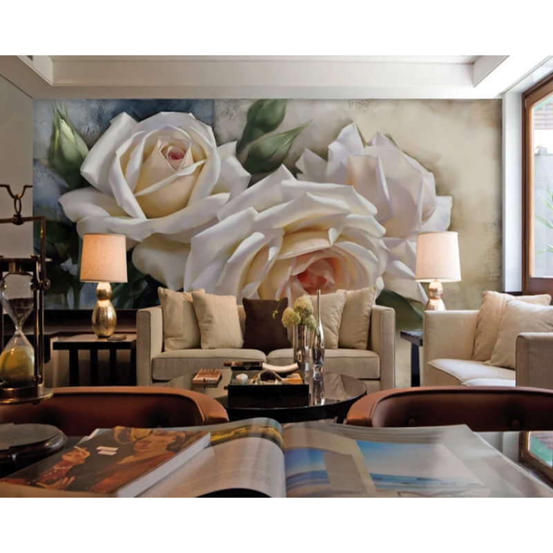 Peel And Stick 3D White Rose Nordic Removable Wallpaper, 112” W × 75” L