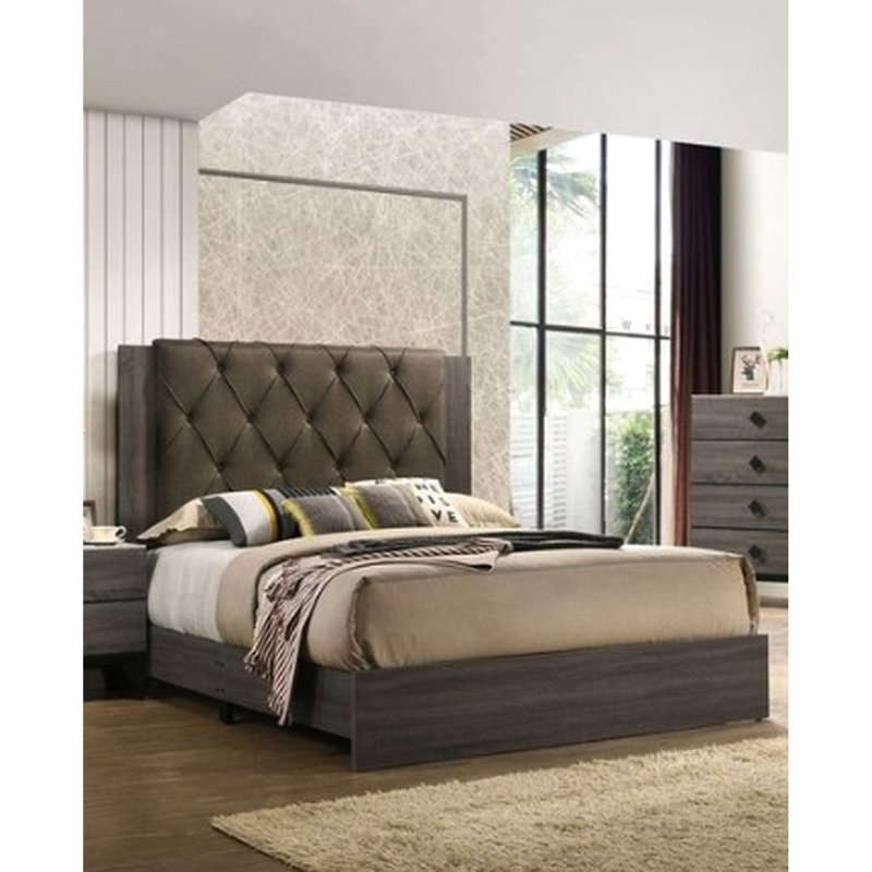 Finition en chêne rustique gris, tissu à boutons, tête de lit rembourrée, lit, cadre en bois, pieds fuselés, 4 lattes, sommier tapissier requis, capacité maximale, espace de rangement