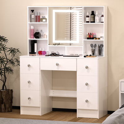 White Vanity Table With LED Lighted Mirror Makeup Vanity Desk Set With Drawers And Shelves