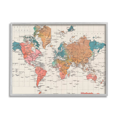 Detailed Boho World Map Gray Framed Giclee Texturized Wall Art by Elizabeth Medley