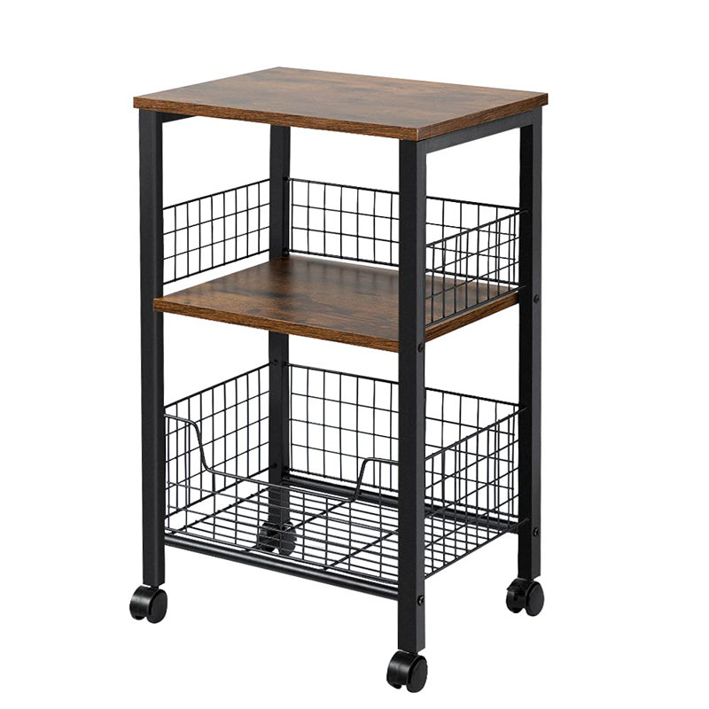 Rustic Brown 3-Tier Side Table with Metal Frame and Storage Basket